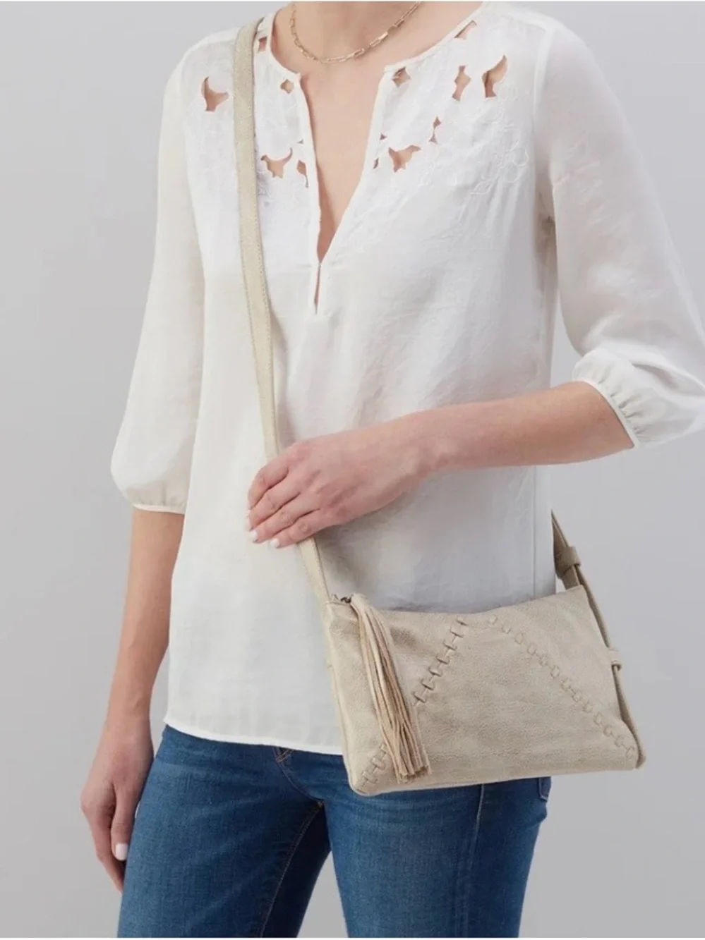 HOBO Cream Leather Crossbody with Tassel and Whipstitch Detail